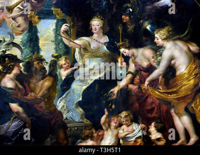 Die Glückseligkeit der Regentschaft von Marie de Medici - Die Marie de Medici Zyklus 1622-1624 von Peter Paul Rubens im Auftrag von Königin Marie de Medici, der Witwe von König Heinrich IV. von Frankreich, für die Luxemburg Palace in Paris, Stockfoto