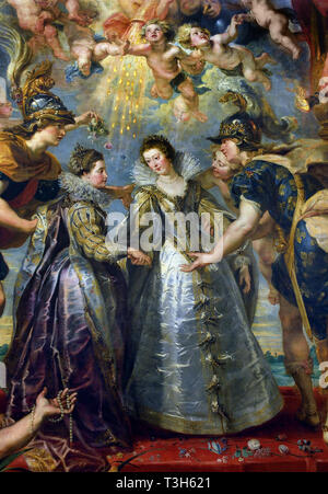 Der Austausch der Prinzessinnen an der spanischen Grenze - Die Marie de Medici Zyklus 1622-1624 von Peter Paul Rubens im Auftrag von Königin Marie de Medici, der Witwe von König Heinrich IV. von Frankreich, für die Luxemburg Palace in Paris, Stockfoto