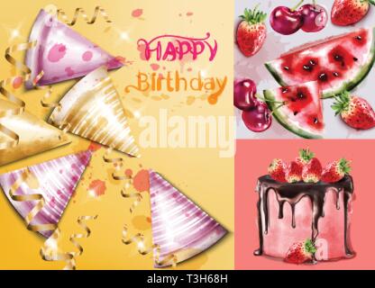 Happy birthday Karte mit Kuchen und Geburtstag hüte Vektor Aquarell. Einladung Partei Vorlage Stock Vektor