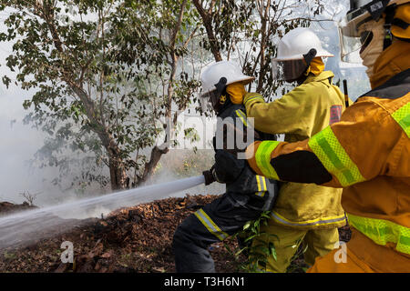 Sierra Leone in Emergency Response Team Training in der Brandbekämpfung Feuer machen Pausen zwischen den lokalen Wald und mit Hilfe von Schläuchen aus der Gemeinschaft Stockfoto