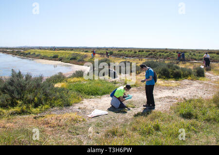 San Fernando, Cadiz, Spanien - 16. März 2019: Nach einer Beschwerde des Green Peace Organisation, Dutzende von Freiwilligen ging zu reinigen Sie die Wanderwege von Caño Ca Stockfoto