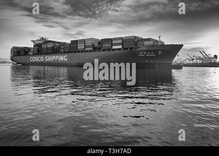 Moody Black and White Photo of the COSCO SHIPPING Container Ship, CSCL SPRING, verlässt den Hafen von Los Angeles, Kalifornien, USA. Stockfoto