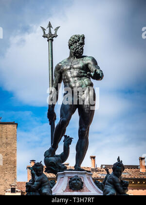 Neptunbrunnen Fontana di Nettuno, eine monumentale civic Brunnen befindet sich an der Piazza del Nettuno neben der Piazza Maggiore. Erstellt 1565 von Giambologna Stockfoto