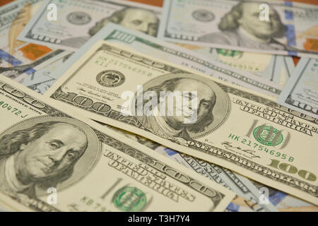 100 Dollar Foto. Amerikanische Dollar Cash Geld. Hundert Dollar Banknoten. Stockfoto