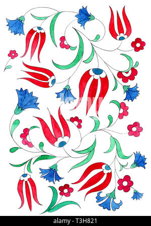 Abbildung: im Stil der traditionellen osmanischen Muster. Aquarell Tulpen und Nelke auf weißem Hintergrund. Stockfoto
