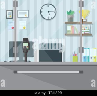 Bankangestellter Arbeitsplatz. Bücher, Tasse, Pflanze, Uhren, Computer und Tastatur Terminal. Leute Service und Zahlung. Vector Illustration im flachen Stil Stock Vektor