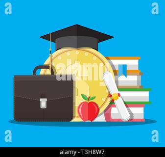 Weißen Papierrollen Diplom blättern, Big gold coin und schwarz Skalenhaube, Bücher, Aktentasche, Apple. Bildung Einsparungen und investmet Konzept. Vektor il Stock Vektor