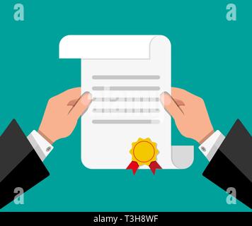 Weißes Papier abgerollt, Diplom Blättern mit gelben Stempel und roten Bändern in den Händen der Schüler. Staffelung Konzept. Vector Illustration im flachen Stil Stock Vektor