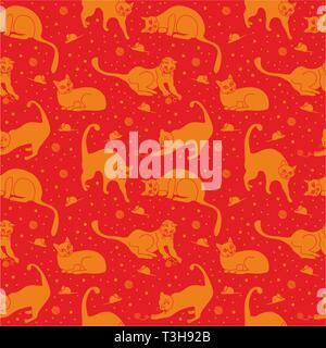 Nahtlose Muster, niedliche doodle Katzen im Alltag darstellt, spielen in den Roten Raum zwischen den Sternen, Vektor, Abbildung Stock Vektor