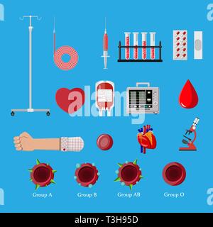Blutspende Tag eingestellt. Menschliche spendet Blut. Hand, Mikroskop, Blutbeutel, Tropfen, Spritze und Herz. Vector Illustration im flachen Stil. Stock Vektor