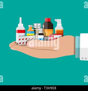 Verschiedene medizinische Pillen und Flaschen in der Hand des Arztes, Healthcare und Einkaufsmöglichkeiten, Apotheke, Drogerie. Vector Illustration im flachen Stil Stock Vektor