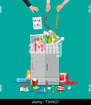 Stahl Mülleimer voller Müll. Überquellenden Müll, das Essen, die verfaulten Früchte, Papiere, Kunststoffbehälter und Handschuhe, Lack und Glas. Vector Illustration Stock Vektor