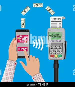 Pos-Terminal bestätigt die Zahlung per Smartphone. Nfc Zahlungen Konzept. Vector Illustration in flacher Bauweise Stock Vektor