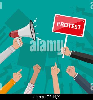 Cartoon von einschreibegebuehr und Hand mit Megaphon, Protest, Revolution, Konflikt. Vector Illustration im flachen Stil Stock Vektor