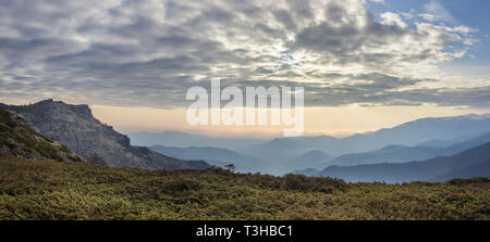 Panoramablick vom Alten Berg Highlands auf dem Berg Schichten in Bulgarien mit Vordergrund Wacholder und Bunte sunrise Sky Stockfoto