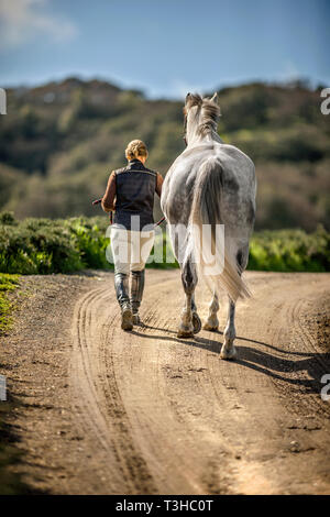 Frau führenden Ihr Pferd auf einem ländlichen Weg. Stockfoto