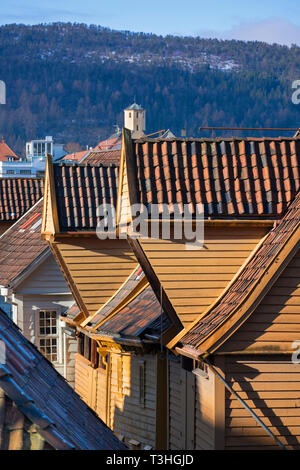 Alte Holzhäuser Bryggen in Bergen Norwegen Stockfoto