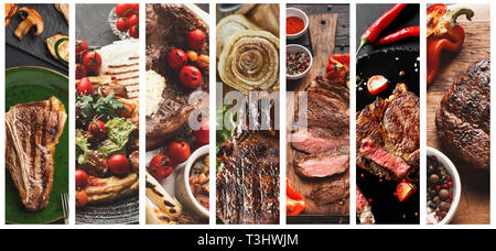 Collage von gegrilltem Fleisch essen auf dunklem Hintergrund Stockfoto