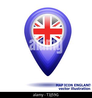 Helles Symbol Karte mit Flagge von England. Symbol für Einsatzort Vektor. Vector Illustration Stock Vektor