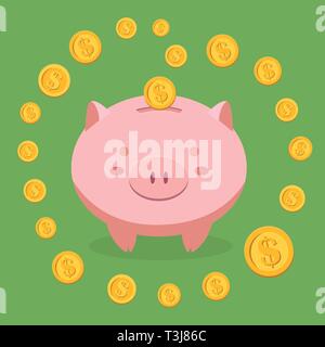 Piggy Bank Einsparungen durch Münzen auf grünem Hintergrund Vektor-illustration Umgeben Stock Vektor