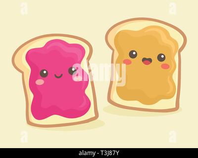 Cute Peanut Butter und Marmelade Marmelade Brot Brot Sandwich Vector Illustration Cartoon Lächeln Stock Vektor