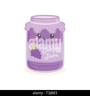 Cute Grape Jelly Jam Flasche Jar Vector Illustration Cartoon Lächeln Stock Vektor