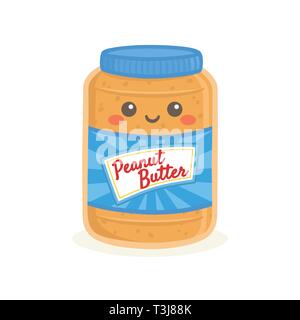 Süße Erdnussbutter Flasche Jar Vector Illustration Cartoon Lächeln Stock Vektor