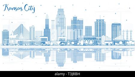 Gliederung Kansas City Missouri Skyline mit blauen Gebäude und Reflexionen. Vector Illustration. Business Travel und Tourismus Konzept. Stock Vektor