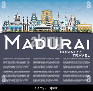 Indien Madurai Skyline der Stadt mit Gebäuden, blauer Himmel und Kopieren. Vector Illustration. Business Travel und Konzept mit historischer Architektur. Stock Vektor