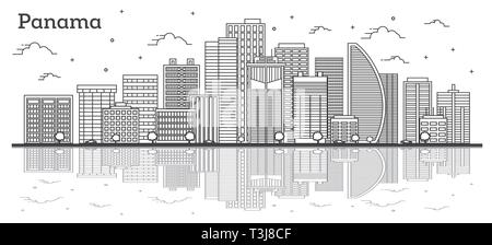 Umrisse Panama City Skyline mit modernen Gebäuden und Reflexionen isoliert auf Weiss. Vector Illustration. Panama Stadt mit Sehenswürdigkeiten. Stock Vektor