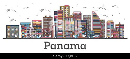 Umrisse Panama City Skyline mit Farbe Gebäude isoliert auf Weiss. Vector Illustration. Panama Stadt mit Sehenswürdigkeiten. Stock Vektor