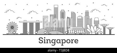 Umrisse Singapur Skyline der Stadt mit modernen Gebäuden isoliert auf Weiss. Vector Illustration. Singapur Stadtbild mit Sehenswürdigkeiten. Stock Vektor