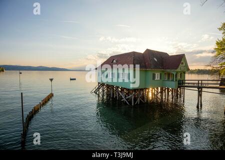 Aeschacher Schlecht, Badehaus, historische See Wohnung, Lindau, Bodensee, Bayern, Deutschland Stockfoto