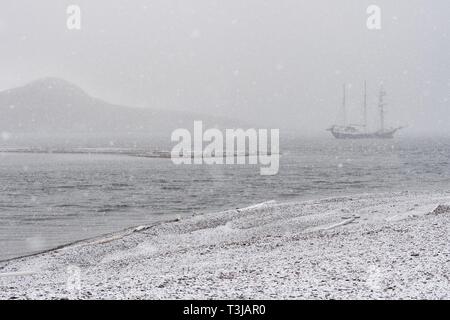 Schoner Antigua in der Snow Drift, Snaddvika, Murchisonfjord, Nordaustland, Spitzbergen, Svalbard und Jan Mayen, Norwegen Stockfoto
