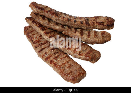 Gegrillte Hackfleisch Lula Kebab. Gegrilltem Truthahn, Huhn oder Rindfleisch. Auf einem weißen Hintergrund isoliert Stockfoto