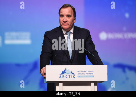 St. Petersburg, Russland. 9 Apr, 2019. Der schwedische Ministerpräsident Stefan Lofven spricht an der 5. Internationalen arktischen Forum in St. Petersburg, Russland, April 9, 2019. Der 5. Internationale Arctic Forum wurde in St. Petersburg hielt die sozio-ökonomische Entwicklung der arktischen Gebiete zu diskutieren. Credit: Evgeny Sinitsyn/Xinhua/Alamy leben Nachrichten Stockfoto