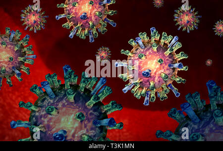 Masern Virus Zellen Konzept als mikroskopische ansteckende Krankheit, die in einem menschlichen Körper als eine 3D-Darstellung. Stockfoto