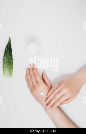 Close up Bilder von weiblichen Händen Ausbringung organischer Creme, Aloe Vera Blatt und Sahne Container auf weißem Hintergrund. Flach, oben Anzeigen, Kopieren, Minima Stockfoto