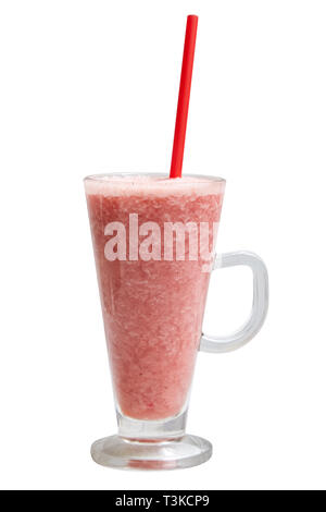 Rosa Erdbeere Smoothie in einem Marmeladenglas Glas mit Stroh isoliert auf weißem Stockfoto