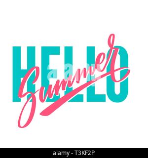 Hallo Sommer hell Hand schreiben, Schrift, Kalligraphie, Schrift und Typografie. Drucken für T-Shirt. Grafik Design Vector Element in zwei Farben isoliert auf weißem Stock Vektor