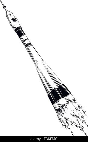 Hand gezeichnete Skizze der Rakete in schwarzer Farbe auf weißem Hintergrund. Zeichnung für Poster, Dekoration und Drucken. Vector Illustration Stock Vektor