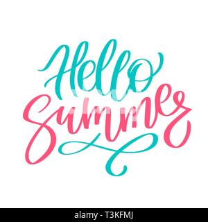 Hallo Sommer hell Hand schreiben, Schrift, Kalligraphie, Schrift und Typografie. Drucken für T-Shirt. Grafik Design Vector Element in zwei Farben isoliert auf weißem Stock Vektor