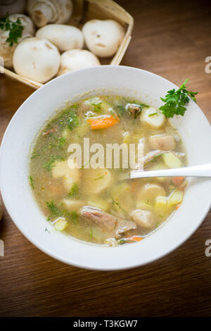 Hausgemachte ländlichen Suppe mit Gemüse und Pilze in eine Schüssel geben. Stockfoto