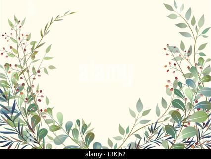 Karte mit schönen Zweige mit Blättern. Hochzeit Schmuck Konzept. Nachahmung von Aquarell, isoliert auf Weiss. Skizziert Kranz, Blumen und Kräuter Girlande Stock Vektor