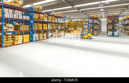 Blick auf ein Lager voller Waren und ein Gabelstapler in Aktion. 3D-Bild gerendert werden. Handel und Logistik Konzept. Stockfoto