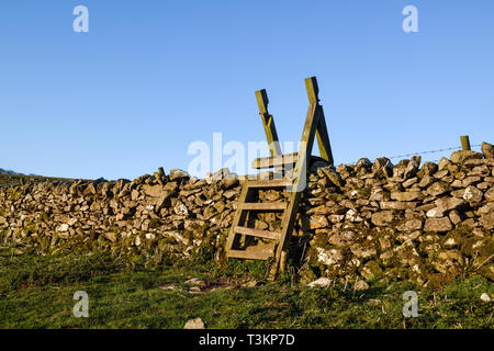 Eine Leiter zauntritte Überqueren einer Trockenmauer in Derbyshire, Großbritannien. Stockfoto