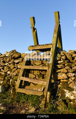 Eine Leiter zauntritte Überqueren einer Trockenmauer in Derbyshire, Großbritannien. Stockfoto