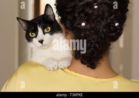 Nahaufnahme von Frau mit lockigem Haar ihre inländischen schwarze und weiße Katze mit grünen Augen auf die Schulter. Konzept der Liebe, Tiere, Haustiere, lifes Stockfoto