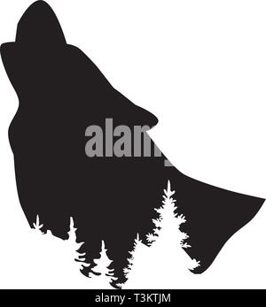 Vector Illustration eines Wolf heult. Wolf, tierischen Kopf Silhouette mit abstrakten Wald Hintergrund. Stock Vektor