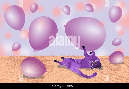 Violett cat liegt und hält in seinen Pfoten ein Ballon. Vorlage für Karten. Satz von Abbildungen mit lustigen Charakter Kätzchen. Stockfoto
